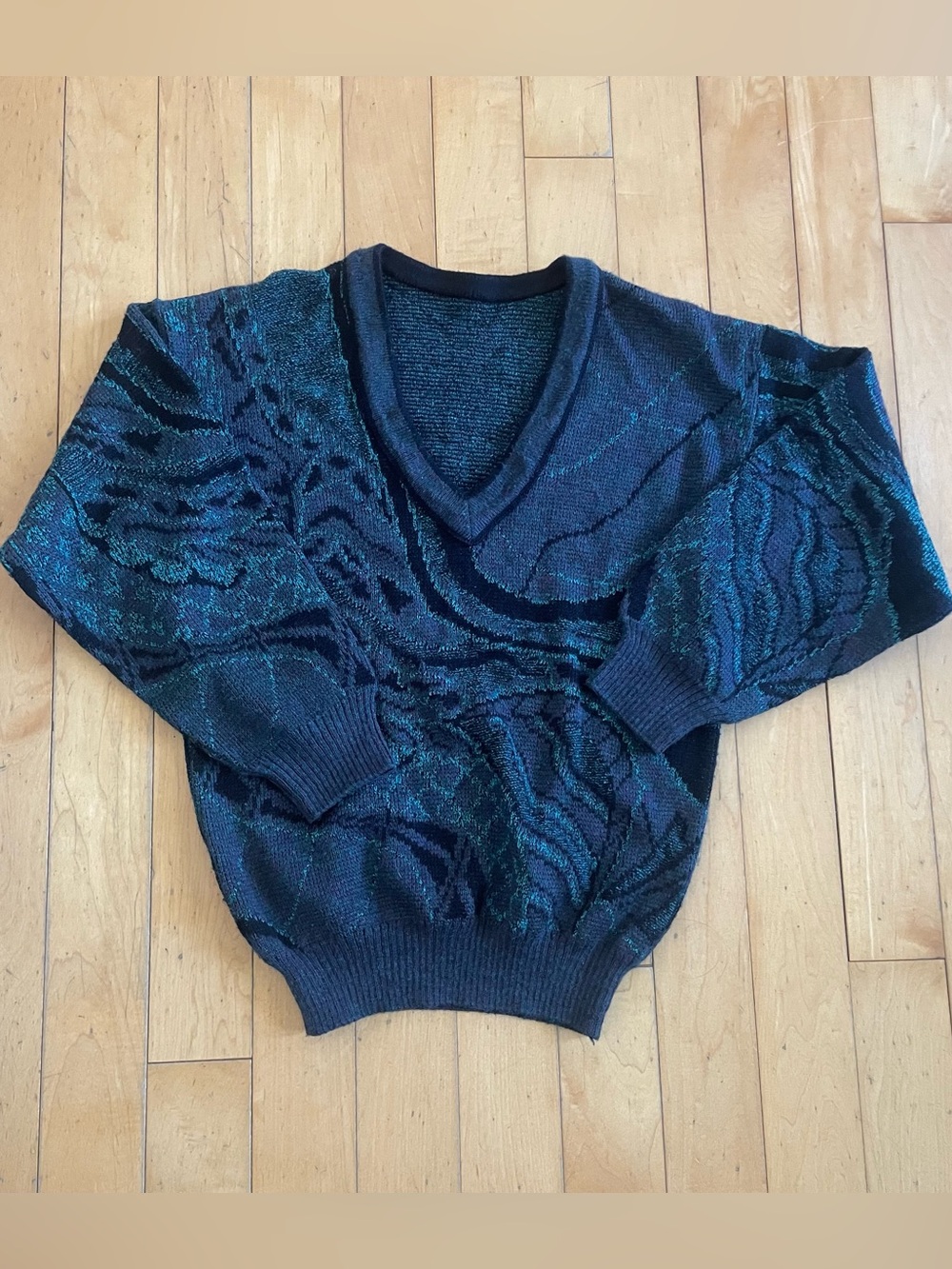 Men's V-Neck Sweater in Black and Teal